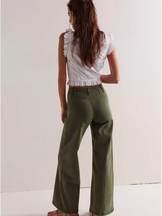 Free People Libre Wide Leg Pants – Olive Green High Rise (Size 27) - Picture 2 of 3